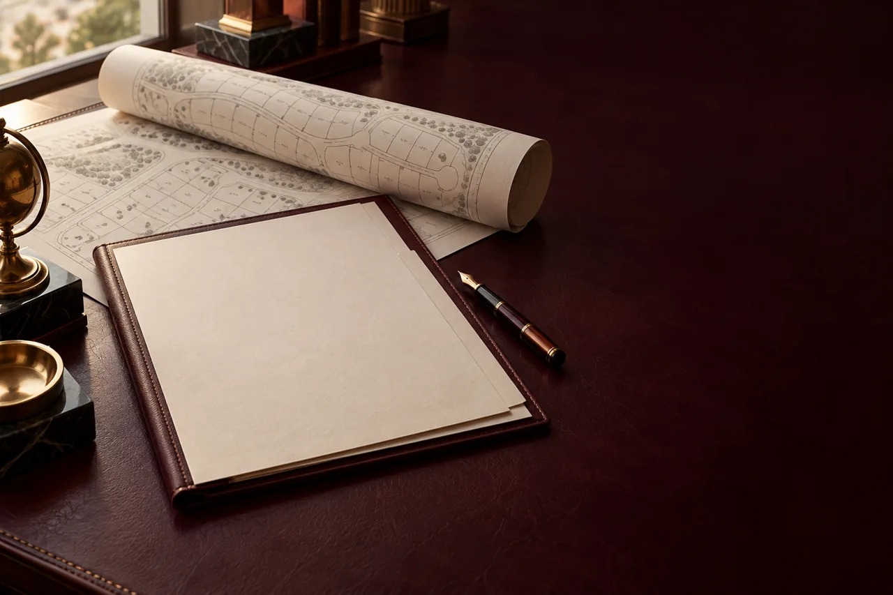 Planta de loteamento e documentos sobre uma mesa em tons de vinho e dourado